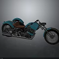 Custom Blue Cruiser Motorcycle With Brown Leather Seat And Chrome Exhaust Pipes