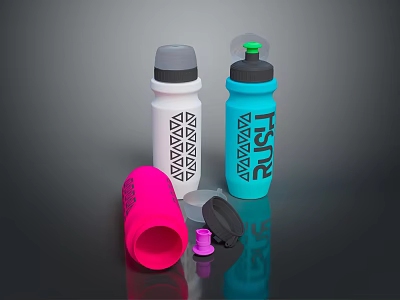 Colorful Reusable Water Bottles With Geometric Pattern FISU Logo And Flip Lids In White Blue Pink 3d model