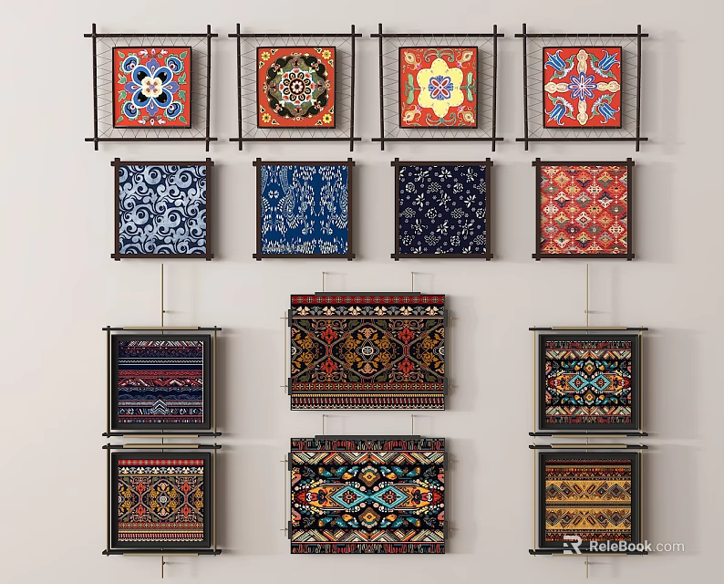 Vibrant Framed Embroidered Wall Art With Various Colorful Geometric Patterns Hanging 3d model 
