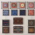 Vibrant Framed Embroidered Wall Art With Various Colorful Geometric Patterns Hanging