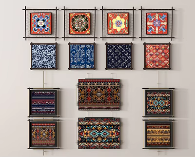Vibrant Framed Embroidered Wall Art With Various Colorful Geometric Patterns Hanging 3d model