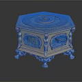 Decorative Octagonal Yellow Box With Intricate Top Design Blue Motif Side Panels And Silver Feet