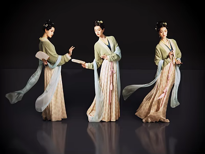 Women in Traditional Clothing with Elegant Poses Holding Fans and Scrolls and Flowing Skirts 3d model