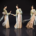 Women in Traditional Clothing with Elegant Poses Holding Fans and Scrolls and Flowing Skirts
