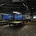 Modern Billiard Room Interior Design With Pool Tables Hanging Lights And TV Screens