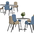 Modern Table Chair Set With White Rectangular Round Tables Blue Brown Chairs And Flower Vase 3d model