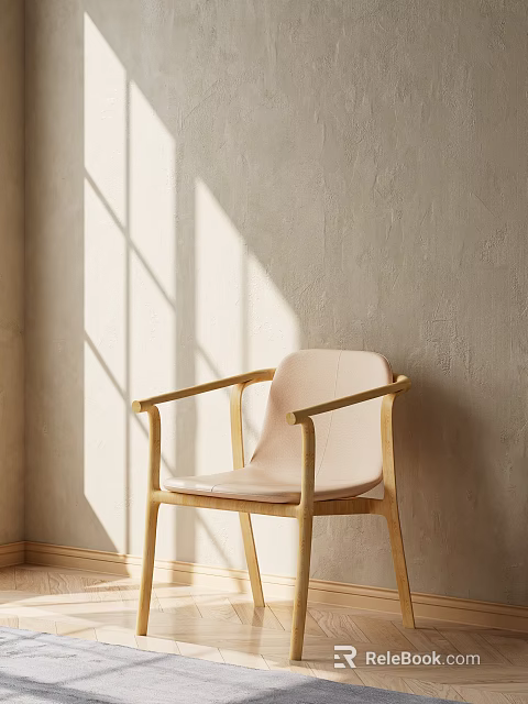 Wooden Frame Leisure Chair with Light Colored Cushion Sunlight Shadows on Neutral Wall 3d model 