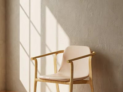 Wooden Frame Leisure Chair with Light Colored Cushion Sunlight Shadows on Neutral Wall 3d model