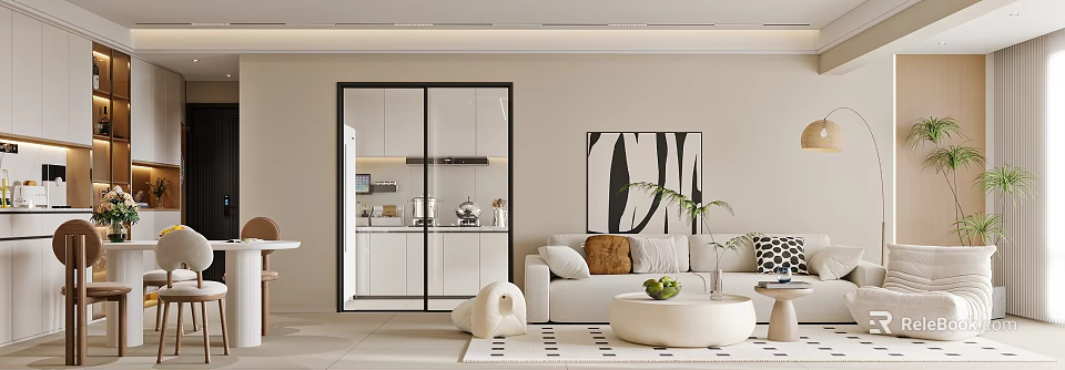 Modern Living And Dining Room Interior With White Sofa Marble Coffee Table And Abstract Art 3d model 