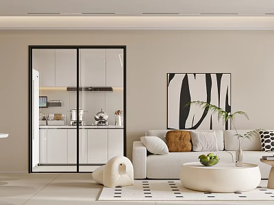 Modern Living And Dining Room Interior With White Sofa Marble Coffee Table And Abstract Art 3d model