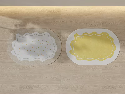 Stylish Oval Shaped Rugs With Scalloped Edges Light Gray Gold Dots And White Yellow Design For Home Decoration 3d model