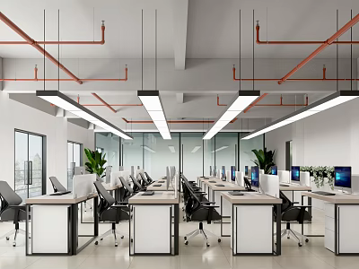 Modern Office Interior With Open Workspace Long Desks Computers Plants Hanging Lights And Windows 3d model
