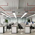 Modern Office Interior With Open Workspace Long Desks Computers Plants Hanging Lights And Windows