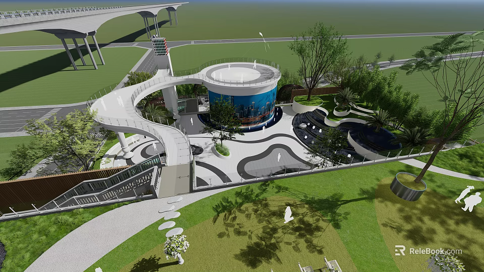 Modern Garden Landscape Design with Curved Walkway Circular Blue Structure Lawn and Trees 3d model 