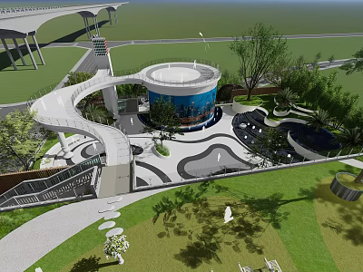 Modern Garden Landscape Design with Curved Walkway Circular Blue Structure Lawn and Trees 3d model