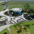 Modern Garden Landscape Design with Curved Walkway Circular Blue Structure Lawn and Trees