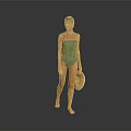 Woman Wearing Green One Piece Swimsuit Holding Straw Hat Against Gray Background