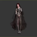 Game and Movie Character with Red Hair in Dark Layered Dress Veil Tulle Gothic Style
