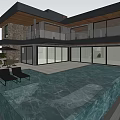 Modern Detached Villa Featuring Large Glass Windows Gray Roof Palm Trees Stone Wall And Lawn