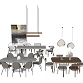 Modern Dining Table Set with Round and Rectangular Tables and Matching Chairs and Pendant Lights 3d model