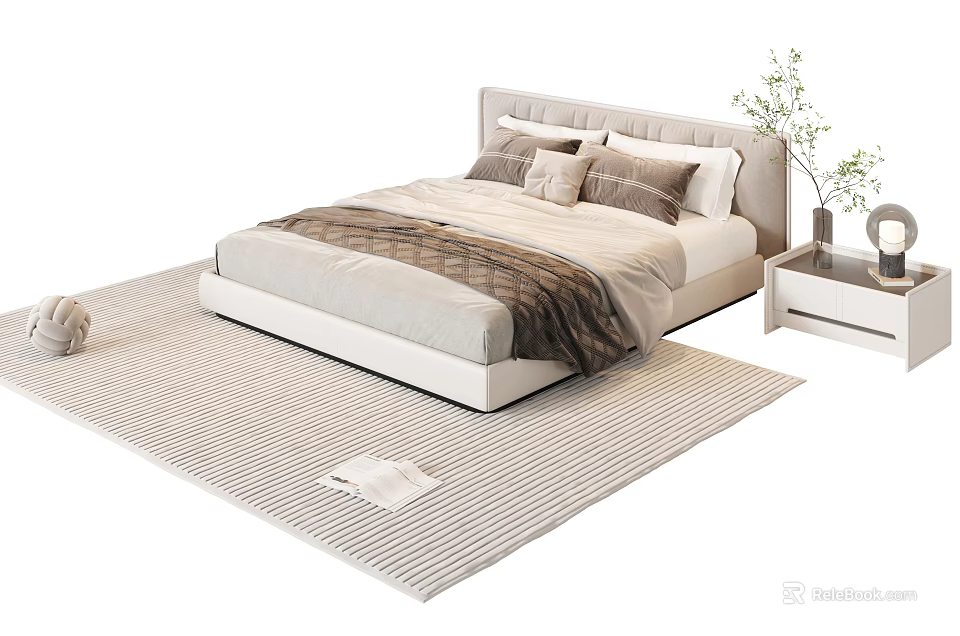 Minimalist Double Bed With Upholstered Headboard Multiple Pillows Cozy Blanket Side Nightstand And Light Rug 3d model 