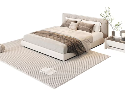 Minimalist Double Bed With Upholstered Headboard Multiple Pillows Cozy Blanket Side Nightstand And Light Rug 3d model