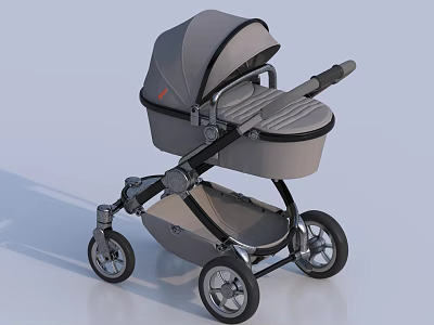 Gray and Beige Baby Stroller With Canopy Comfortable Seat And Metal Frame Wheels 3d model
