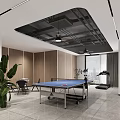 Modern Billiard Room Interior With Table Tennis Treadmill And Plants 3d model