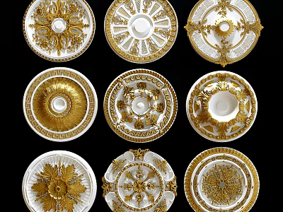 Ornate Decorative Ceiling Medallions Featuring Gold and White Intricate Classical Designs 3d model