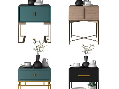 Modern Nightstands In Blue Wooden And Black With Golden Legs And Decorative Vases 3d model