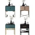 Modern Nightstands In Blue Wooden And Black With Golden Legs And Decorative Vases