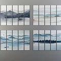Multi Panel Landscape Paintings With Mountain Ranges Water Reflections Boats Flying Birds And Trees