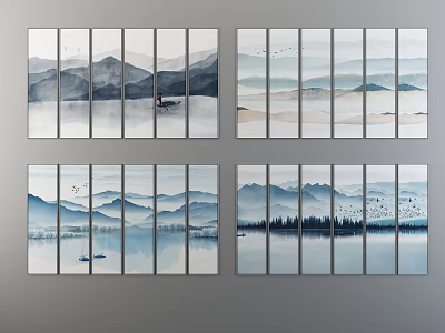 Multi Panel Landscape Paintings With Mountain Ranges Water Reflections Boats Flying Birds And Trees 3d model