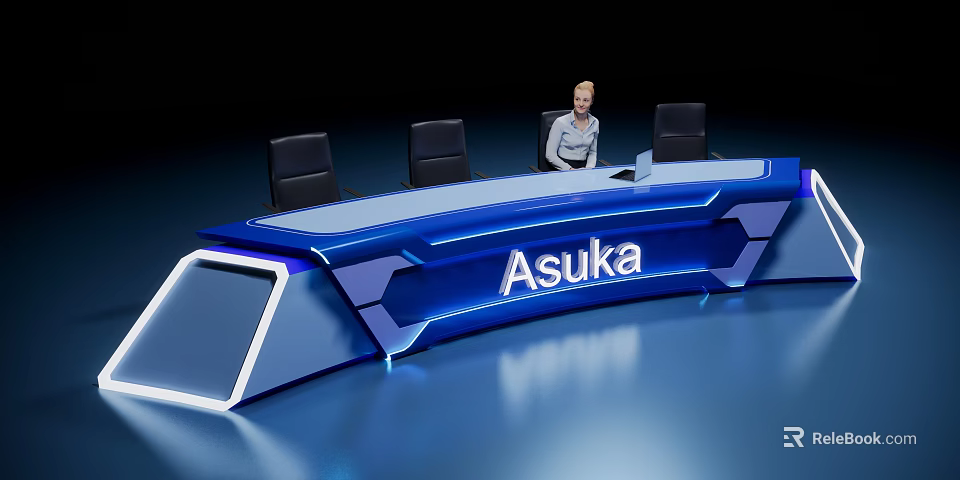 Modern Illuminated Blue Asuka Reception Desk With Black Chairs And Female Staff 3d model 