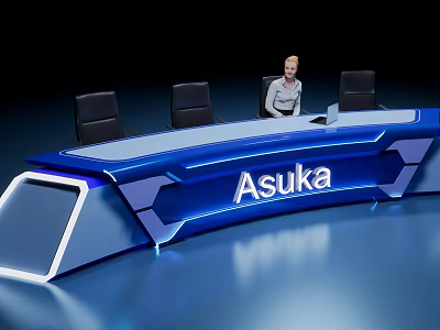 Modern Illuminated Blue Asuka Reception Desk With Black Chairs And Female Staff 3d model