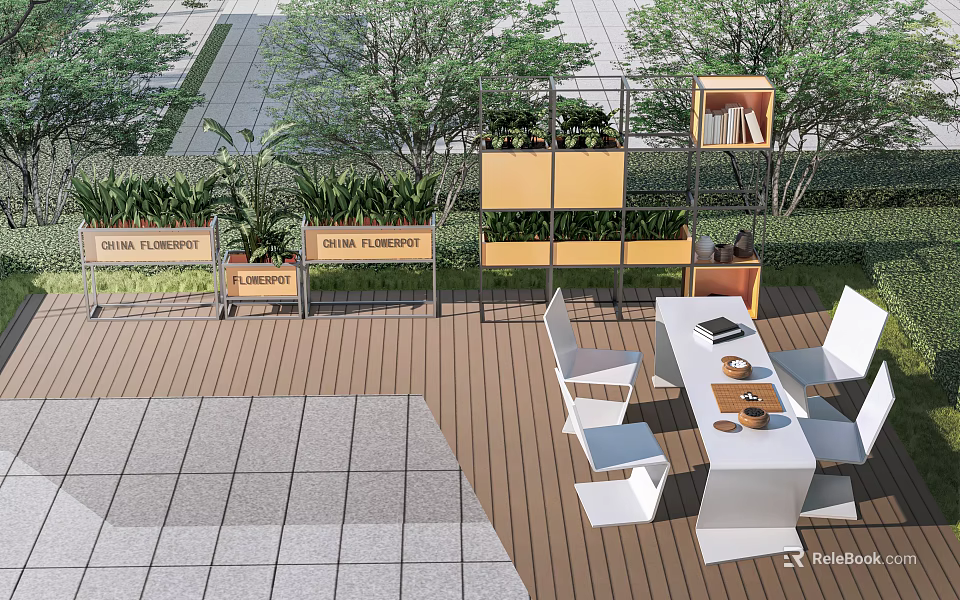 Outdoor Landscape Seats with Wooden Deck Green Plants Gray Pavement Tiles and Table 3d model 