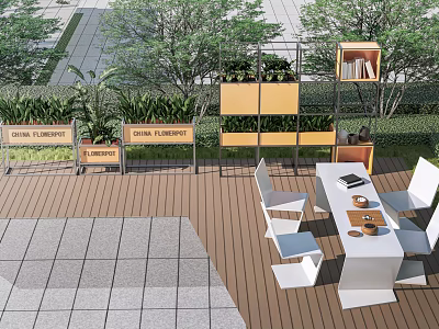 Outdoor Landscape Seats with Wooden Deck Green Plants Gray Pavement Tiles and Table 3d model