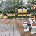 Outdoor Landscape Seats with Wooden Deck Green Plants Gray Pavement Tiles and Table