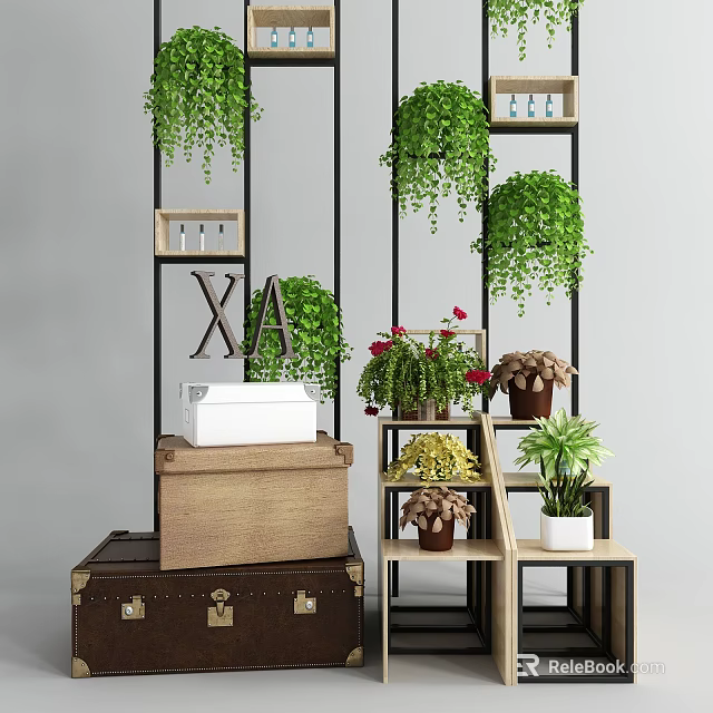 Indoor Green Plant Decor With Hanging Plants Shelves Wooden Chest Red Flowers And XA Sign 3d model 