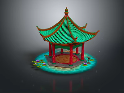 Traditional Chinese Pavilion With Green Roof Red Pillars And Lotus Pond 3d model