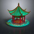 Traditional Chinese Pavilion With Green Roof Red Pillars And Lotus Pond
