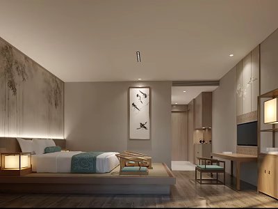 Elegant Modern Hotel Room Interior With Comfortable Bed Decorative Painting And Wooden Furniture 3d model