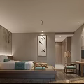 Elegant Modern Hotel Room Interior With Comfortable Bed Decorative Painting And Wooden Furniture