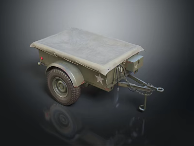 Vintage Green Military Trailer With Canvas Cover Wheel Hitch And Star Emblem 3d model
