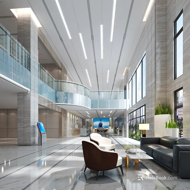 Modern Front Desk Reception Area With Comfortable Sofas Large Windows And Green Plants 3d model