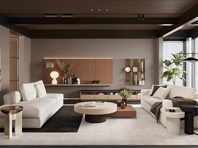 Modern Living Room With White Sofas And Round Coffee Table 3d model