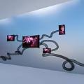 Art Installation With Gray Panel Black Curving Lines And Pink Floral Square Sections