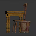 Wooden Desk And Chair With Papers On Top And Woven Trash Bin In Study Area