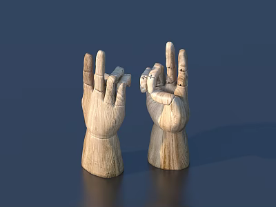 Two Artistic Wooden Hand Gesture Sculptures On Dark Blue Background 3d model