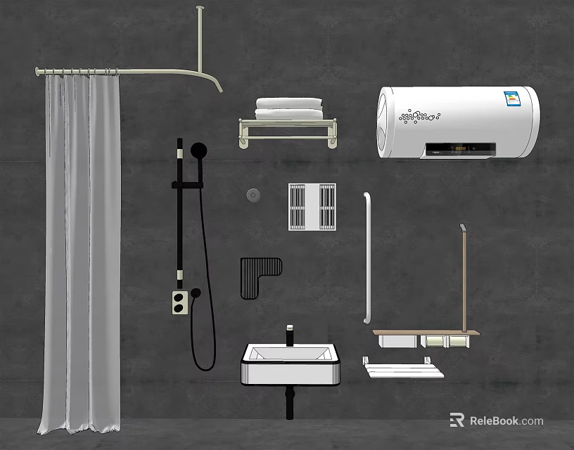 Modern Shower Head with Bathroom Accessories Including Shower Curtain Towel Rack and Sink Basin 3d model 
